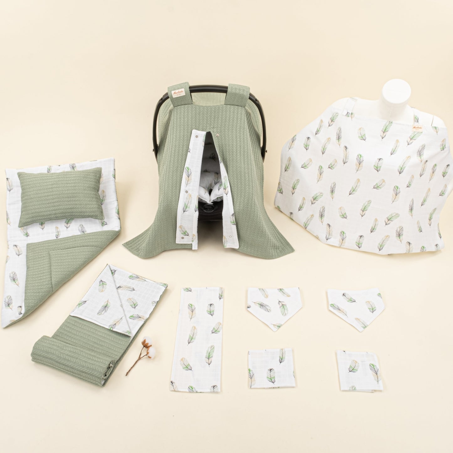 11 Piece - Newborn Sets - Double Sided - Winter - Koyu Yeşil Örgü - Yeşil Tüy