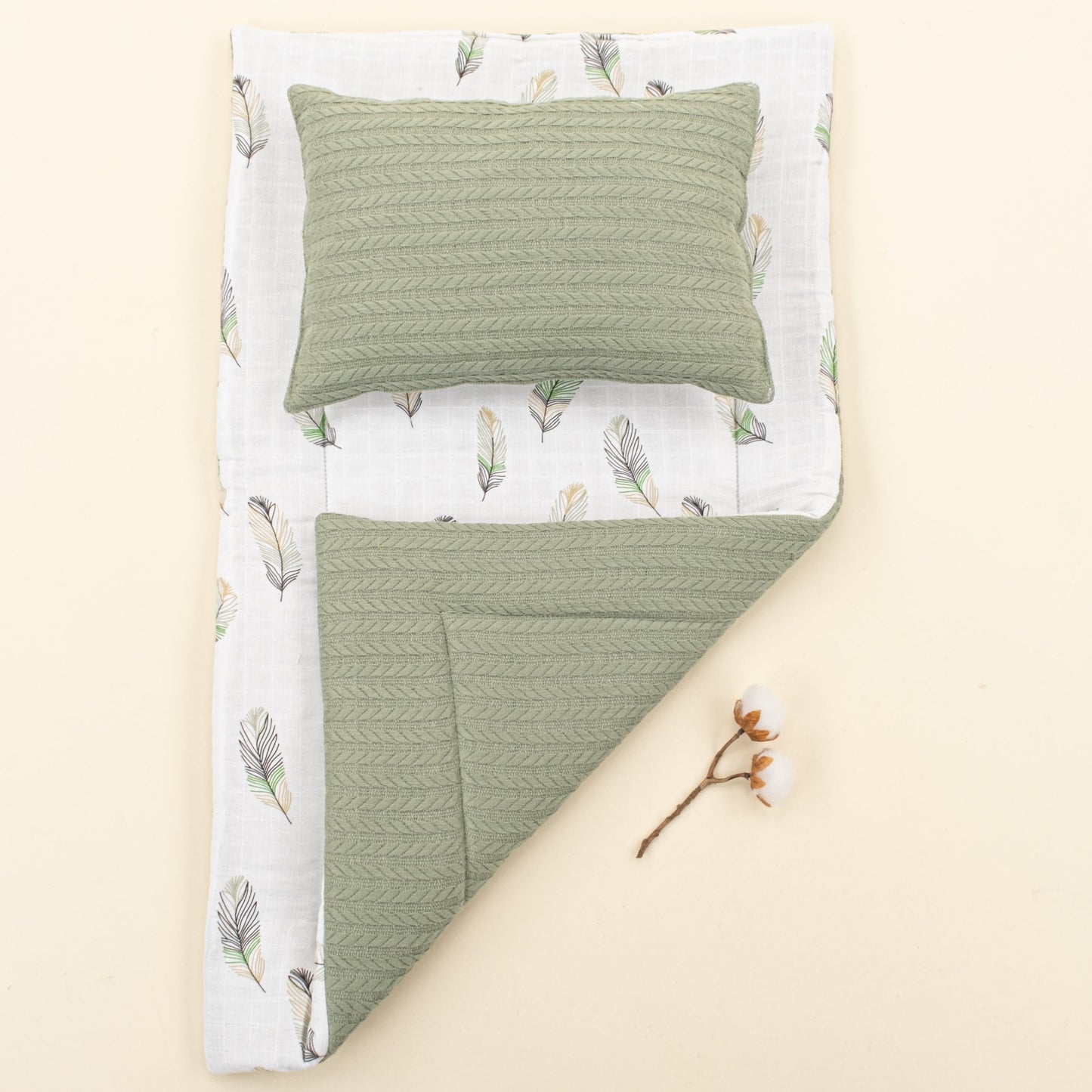 Double Sided Changing Pad and Pillow - Koyu Yeşil Örgü - Yeşil Tüy