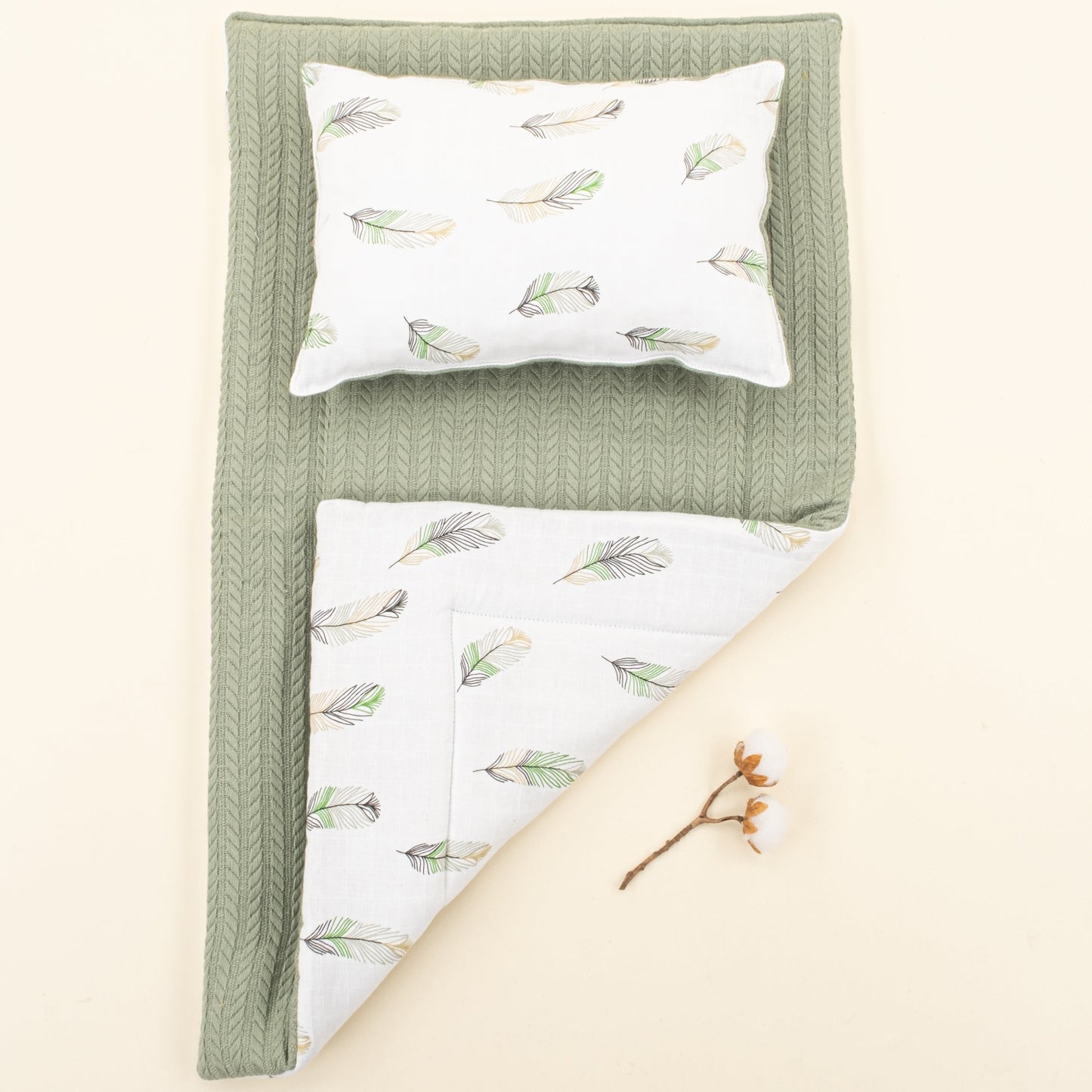 Double Sided Changing Pad and Pillow - Koyu Yeşil Örgü - Yeşil Tüy