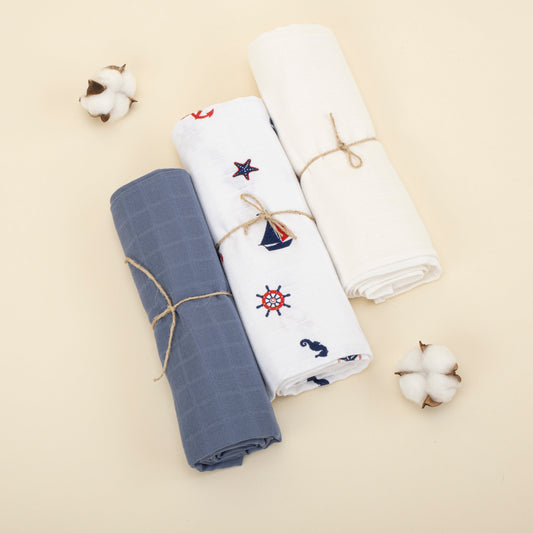 3 Piece Muslin Cover Set - İndigo / Bahriye / Beyaz