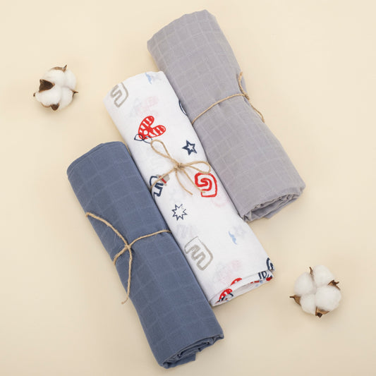 3 Piece Muslin Cover Set - İndigo / Harfli / Gri