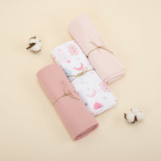 3 Piece Muslin Cover Set - Pudra / Pembe Bulut / Bebe Pembe