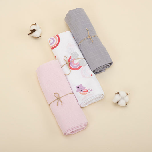 3 Piece Muslin Cover Set - Bebe Pembe / Pembe Gökküşağı / Gri