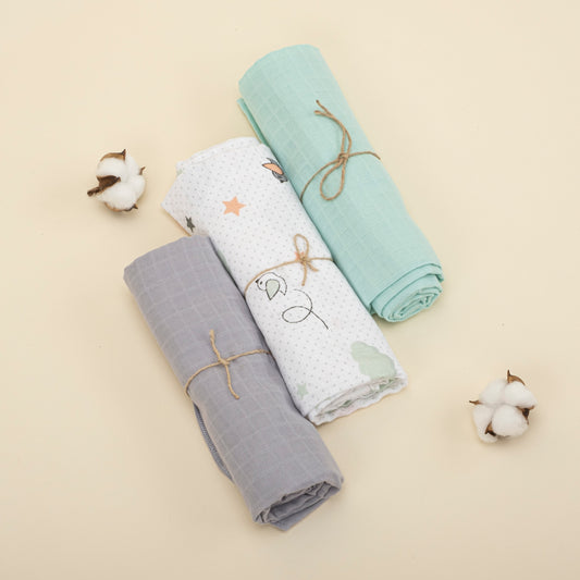 3 Piece Muslin Cover Set - Gri / Kuş / Yeşil