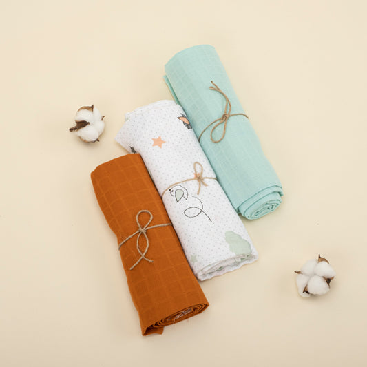 3 Piece Muslin Cover Set - Kiremit / Kuş / Yeşil