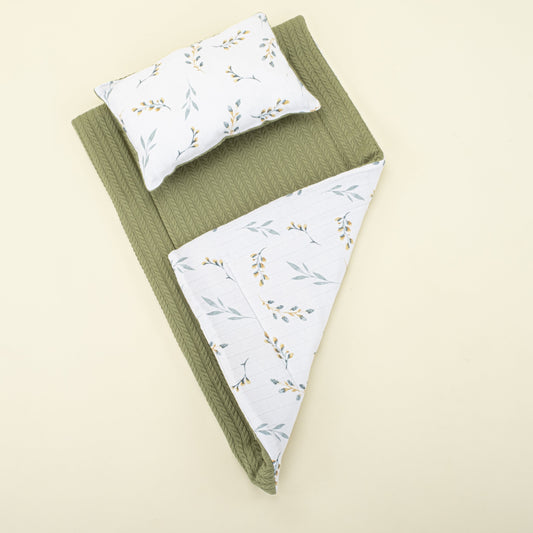 Double Sided Changing Pad and Pillow - Açık Yeşil Örgü - Yapraklar