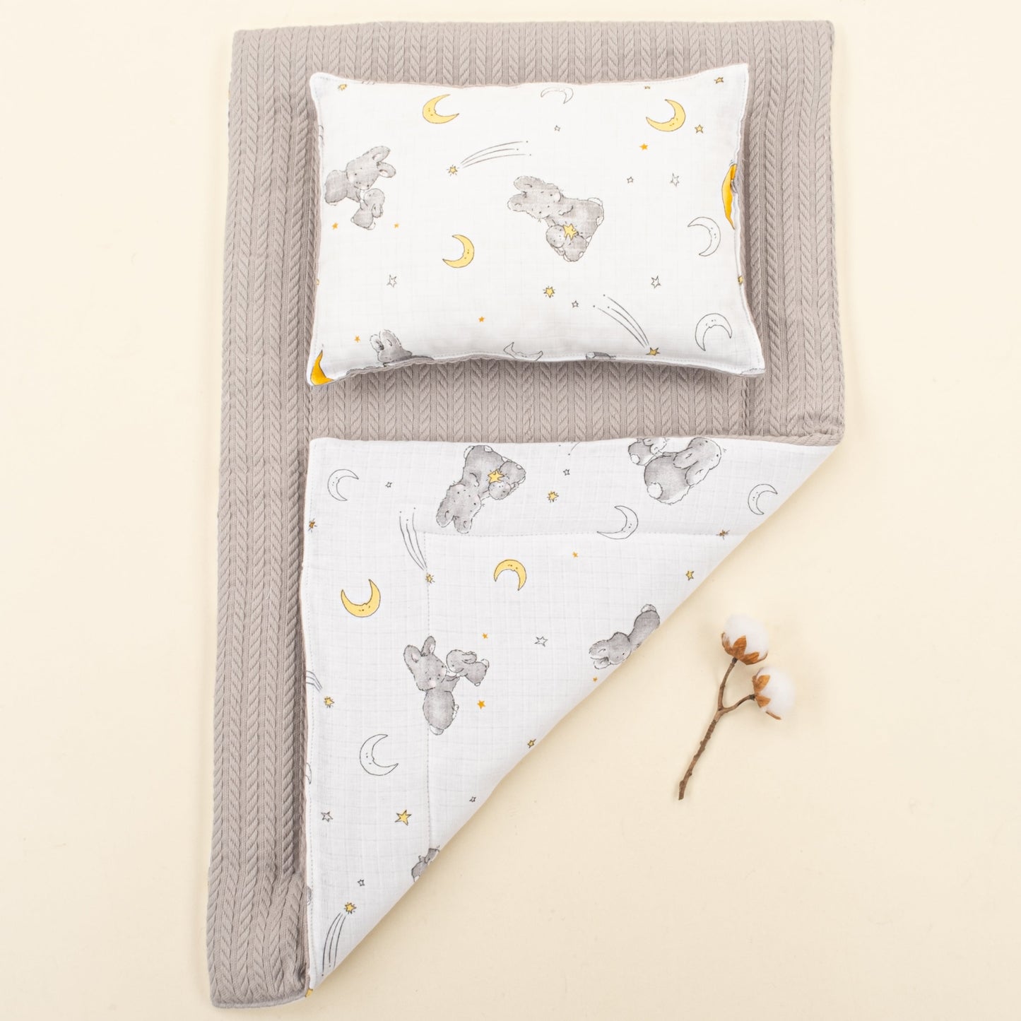 Double Sided Changing Pad and Pillow - Gri Örgü - Gri Tavşan