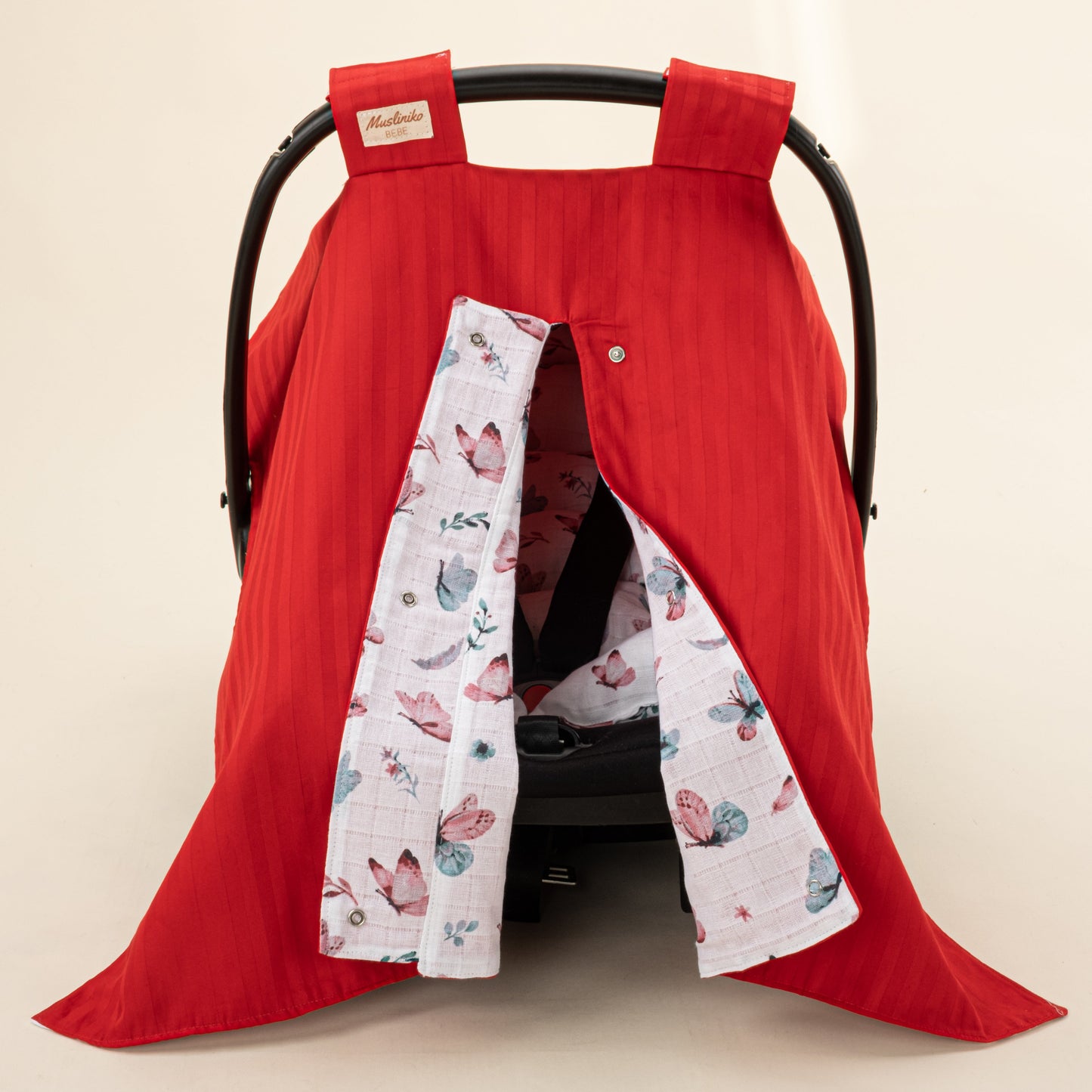 Stroller Cover Set - Double Side - Kırmızı Saten - Kelebek