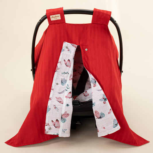 Stroller Cover Set - Double Side - Kırmızı Saten - Kelebek