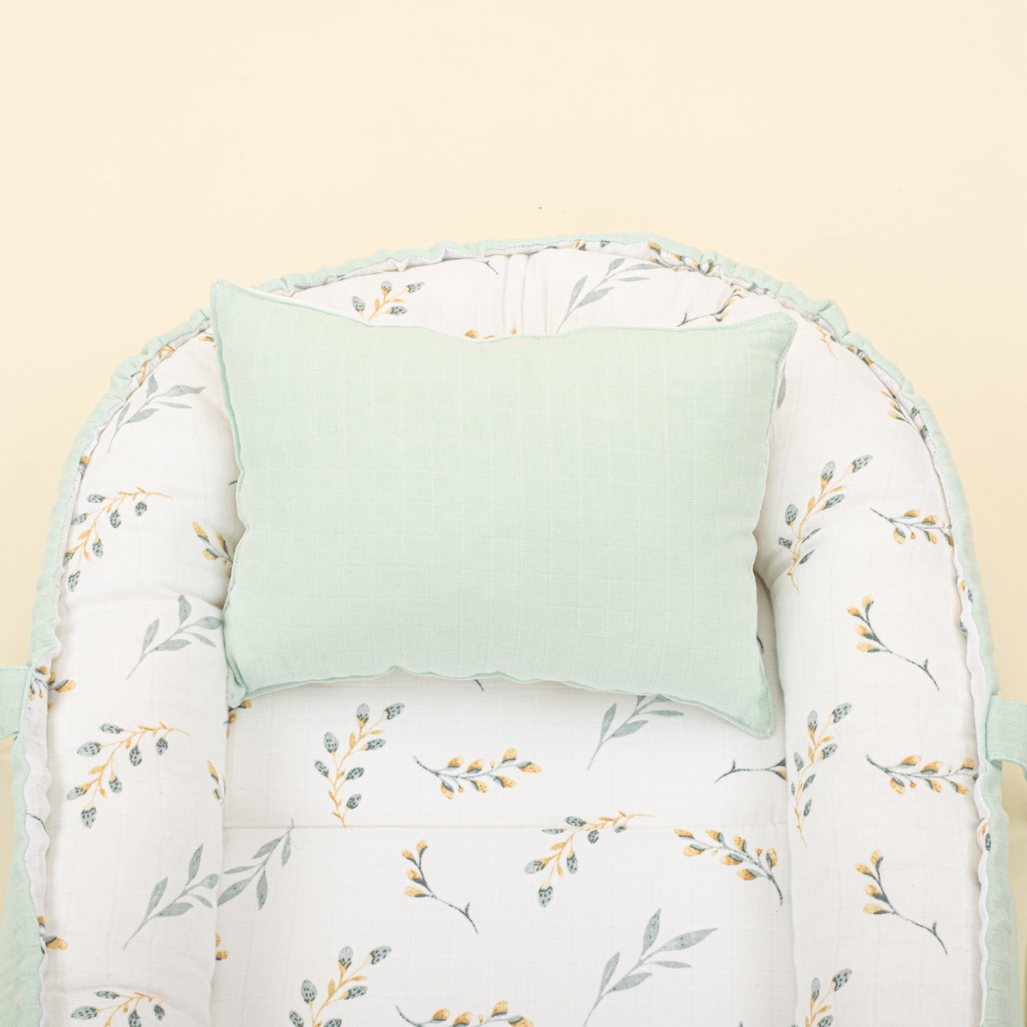 Babynest  and Pillow - Çift Taraflı - Mint Muslin - Yapraklar