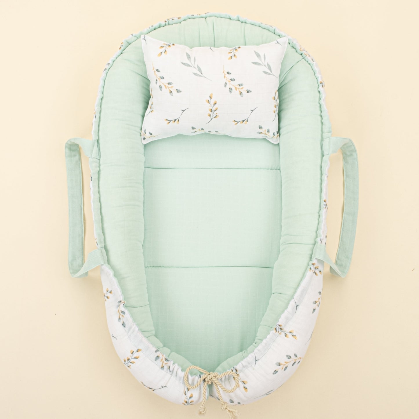 Babynest  and Pillow - Çift Taraflı - Mint Muslin - Yapraklar