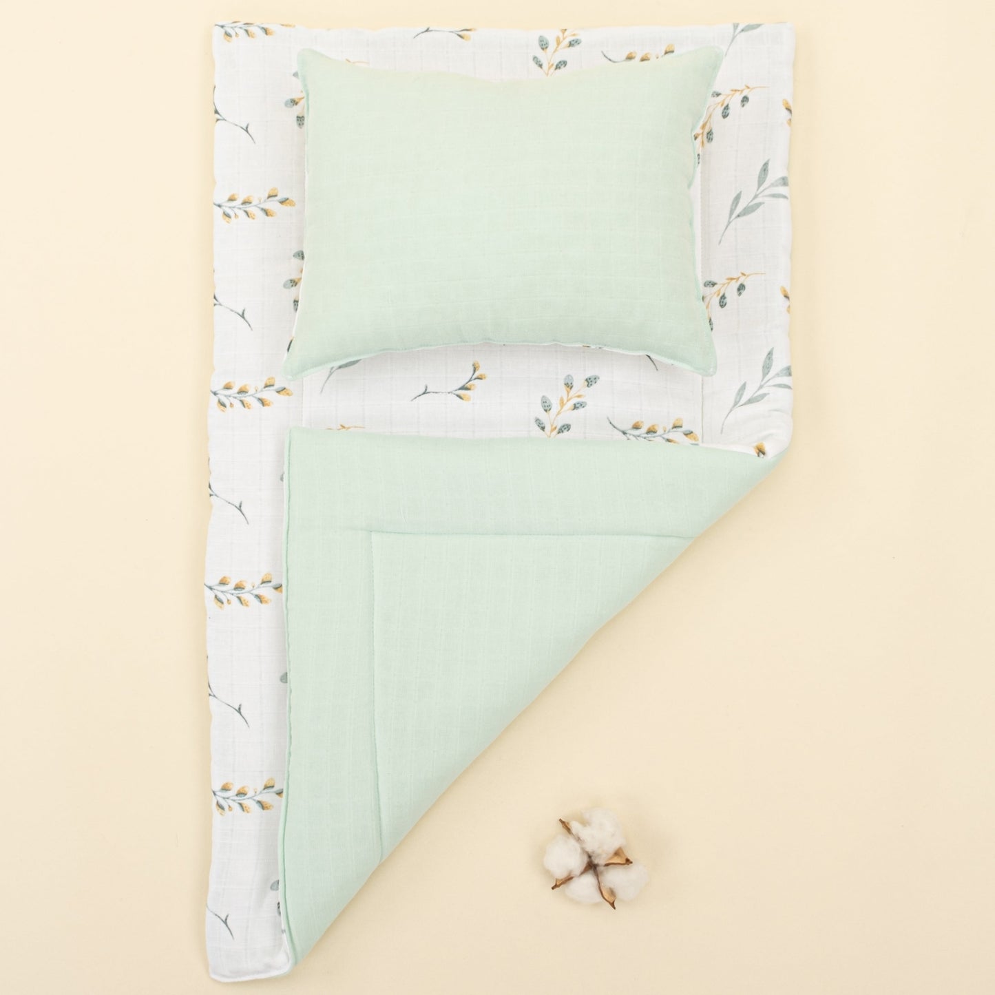 Double Sided Changing Pad and Pillow - Mint Muslin - Yapraklar