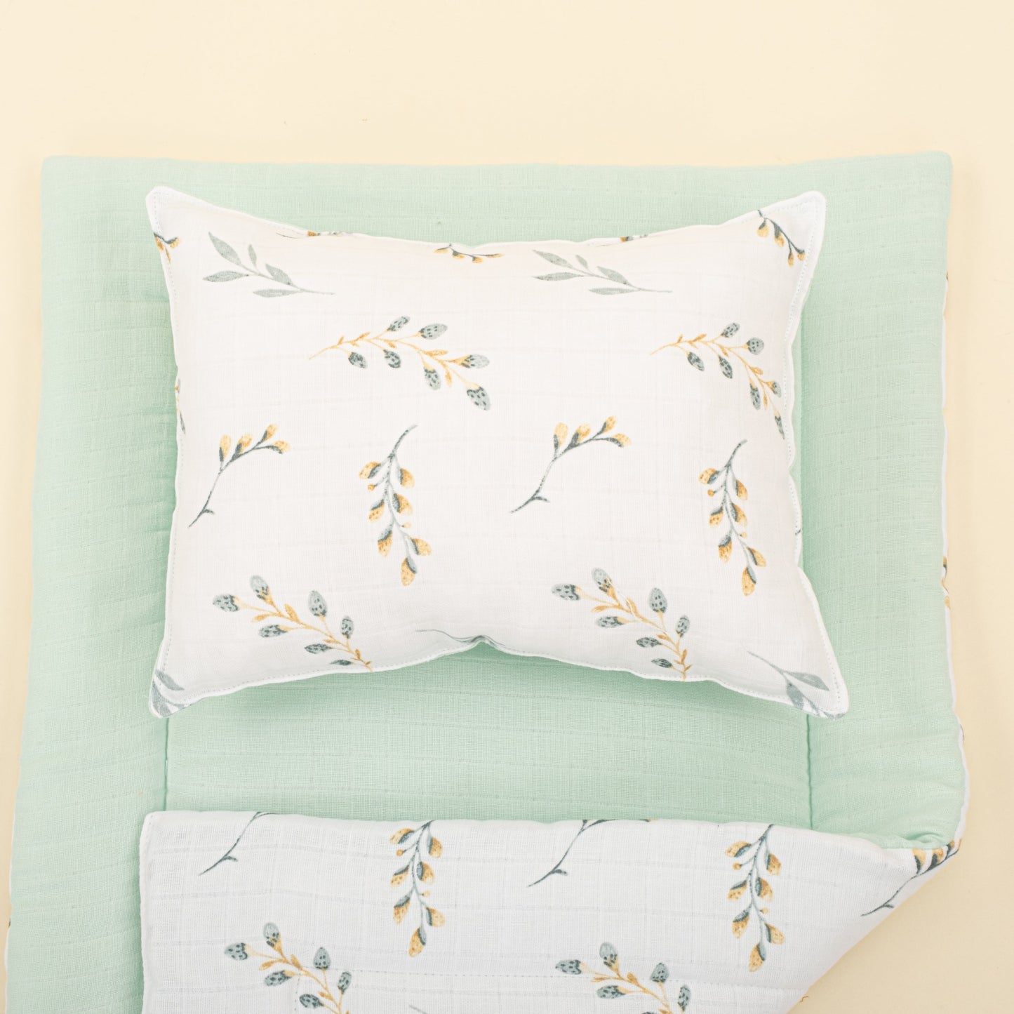 Double Sided Changing Pad and Pillow - Mint Muslin - Yapraklar