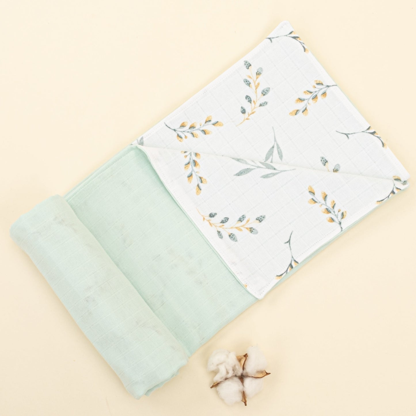 Double Side Muslin Cover - Mint Muslin - Yapraklar