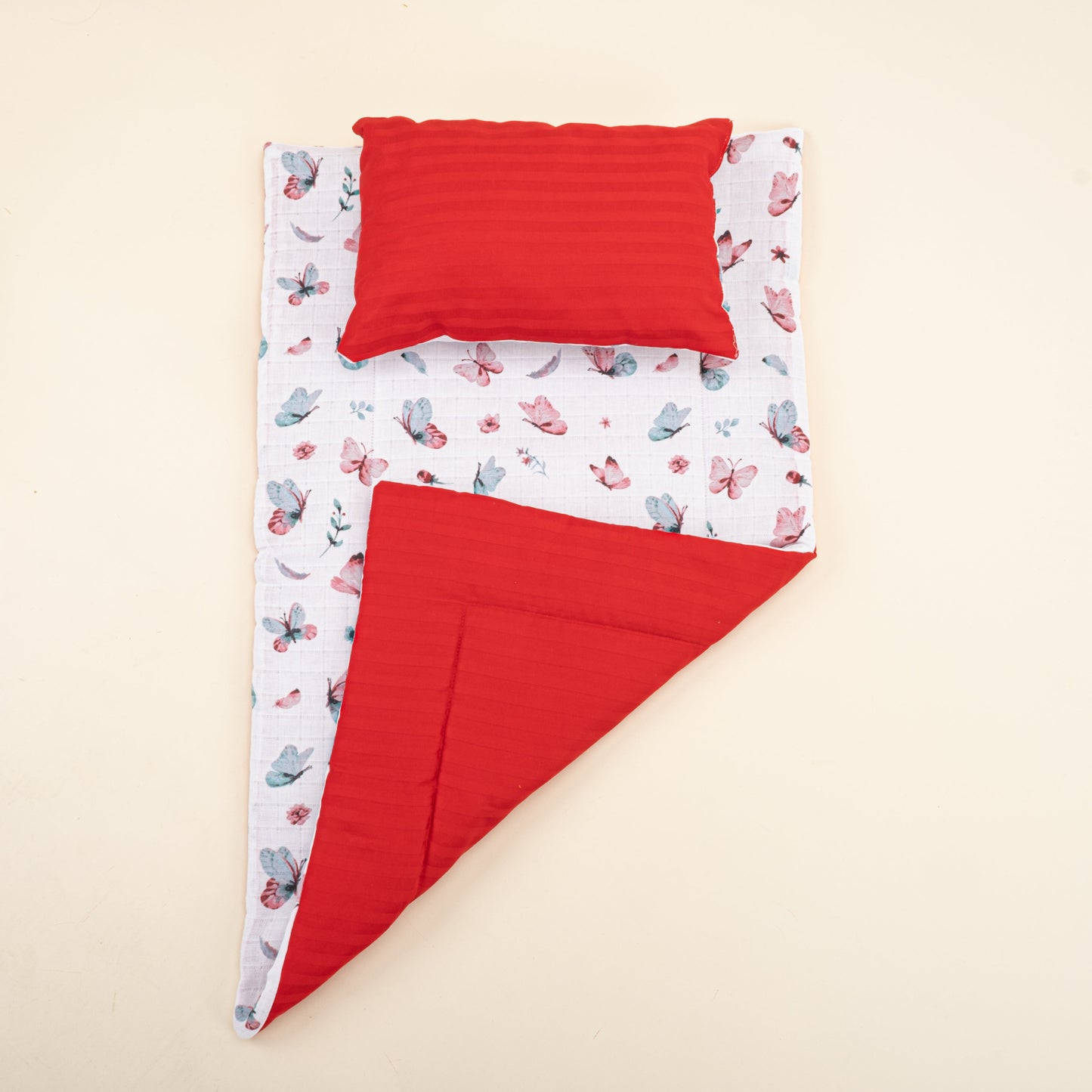 Double Sided Changing Pad and Pillow - Kırmızı Saten - Kelebek