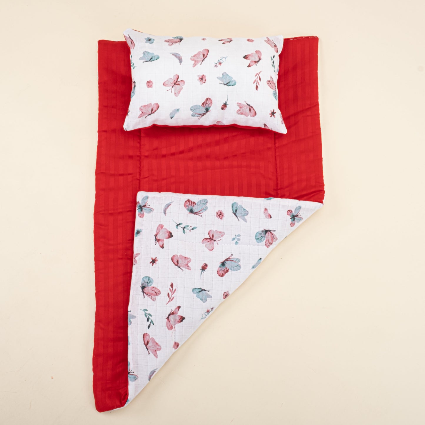 Double Sided Changing Pad and Pillow - Kırmızı Saten - Kelebek