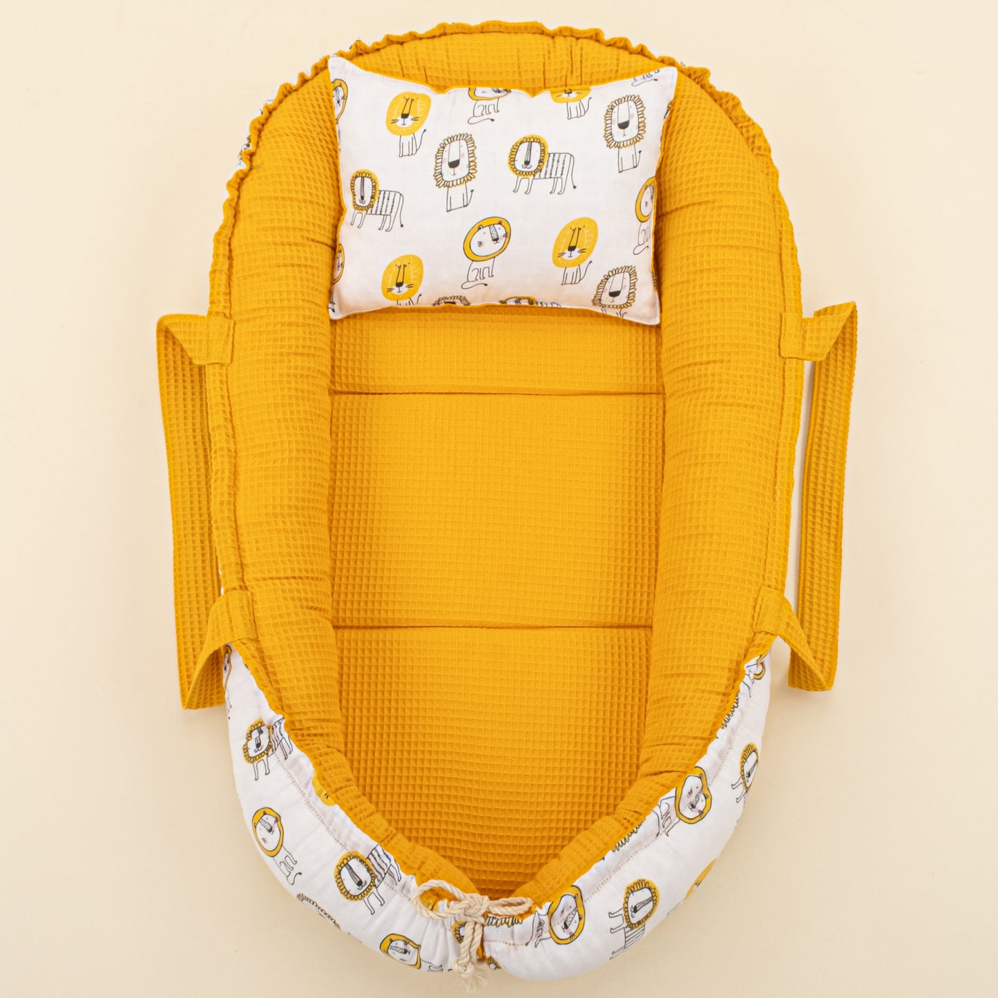 Babynest  and Pillow - Çift Taraflı - Hardal Petek - Sarı Aslan