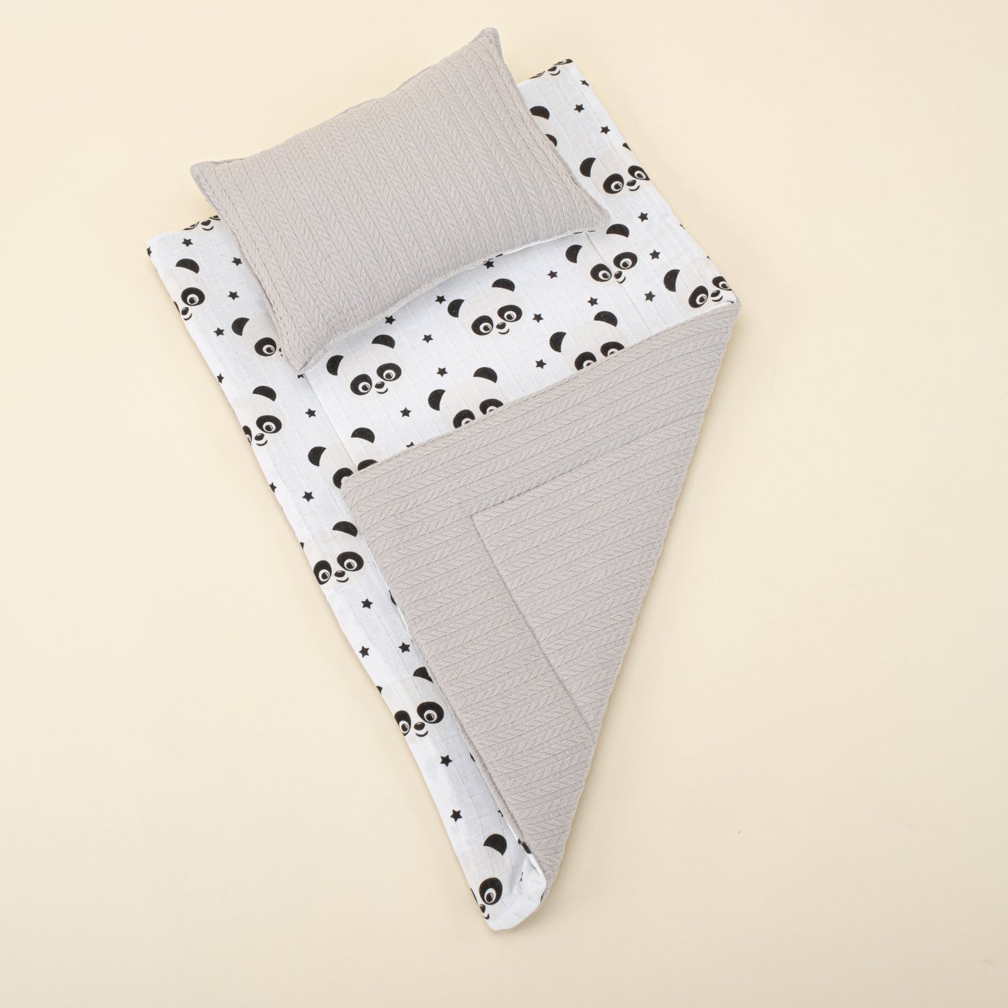 Double Sided Changing Pad and Pillow- Açık Gri Örgü - Panda