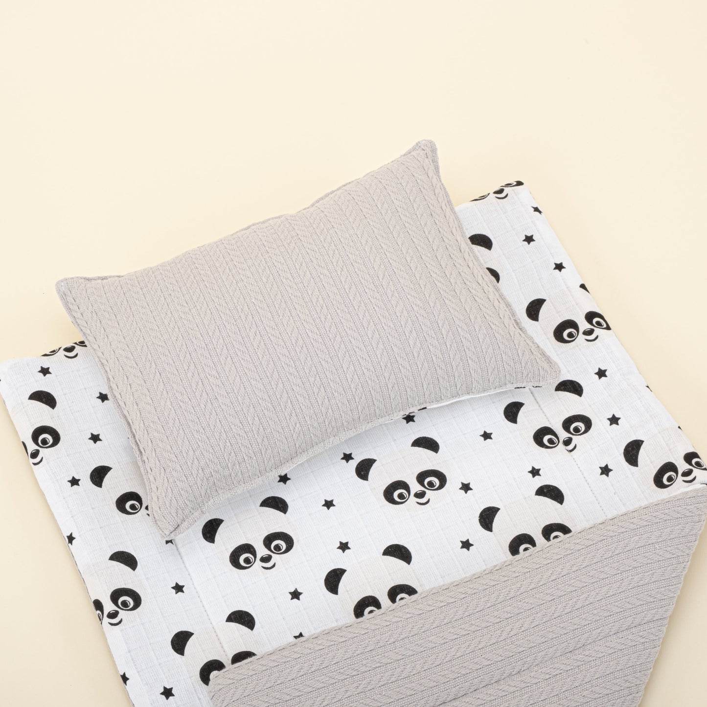 Double Sided Changing Pad and Pillow- Açık Gri Örgü - Panda