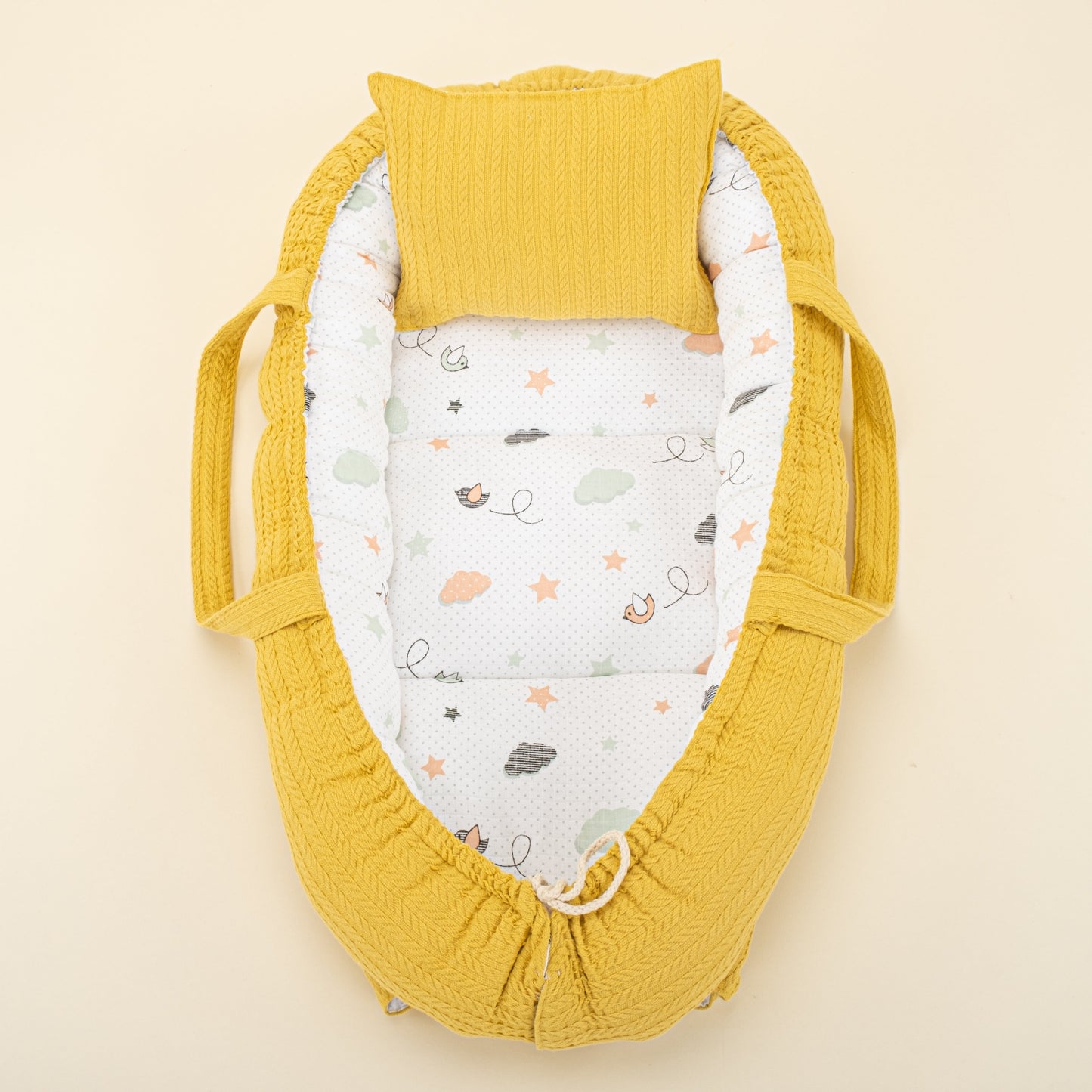 Babynest and Pillow - Çift Taraflı - Hardal Örgü - Kuş