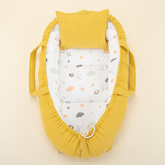 Babynest and Pillow - Çift Taraflı - Hardal Örgü - Kuş