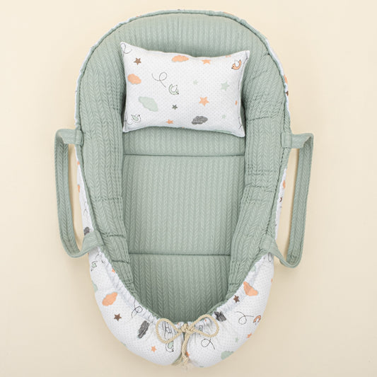 Babynest and Pillow - Çift Taraflı - Mint Örgü - Kuş