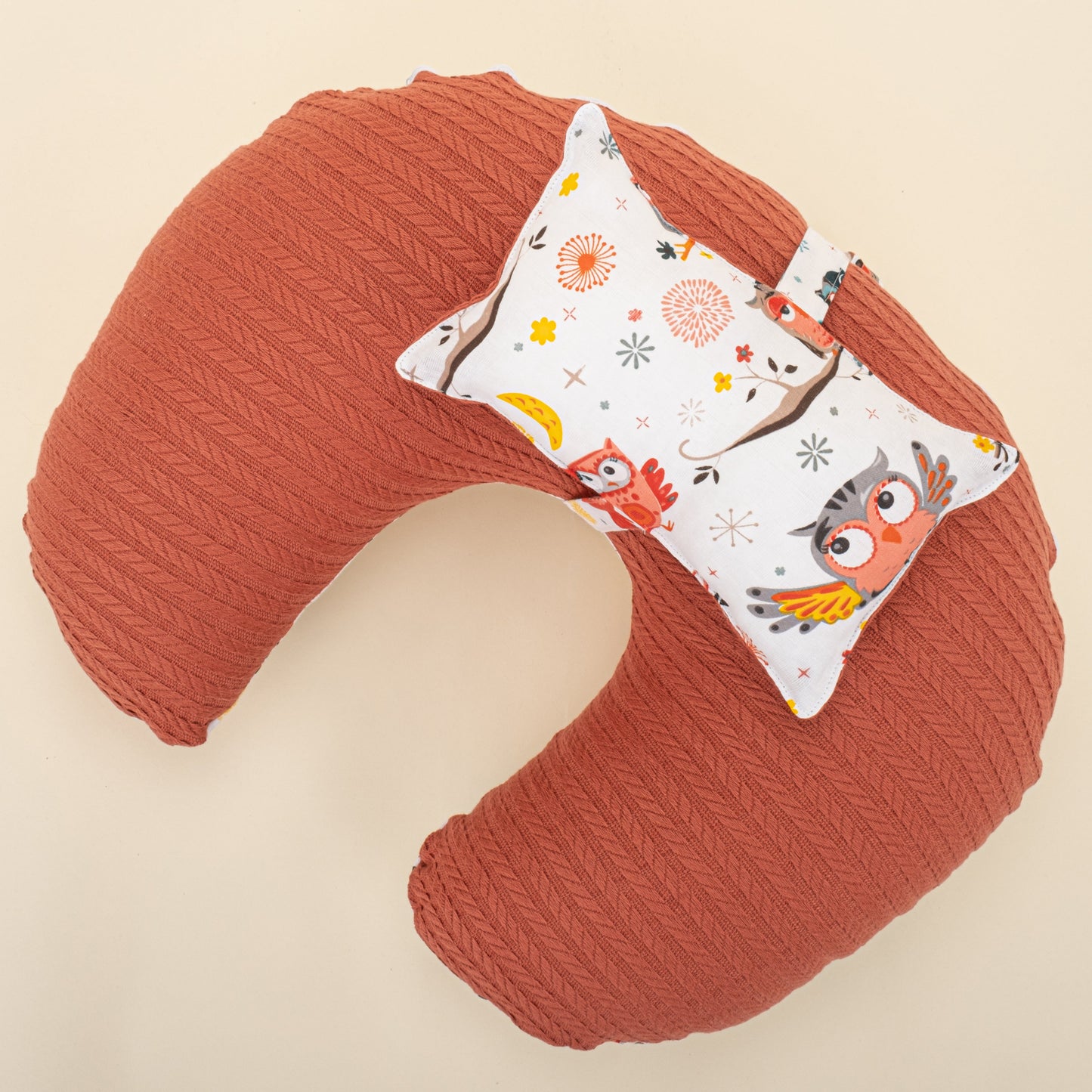 Double Sided Breastfeeding Pillow - Kiremit Örgü - Renkli Baykuşlar