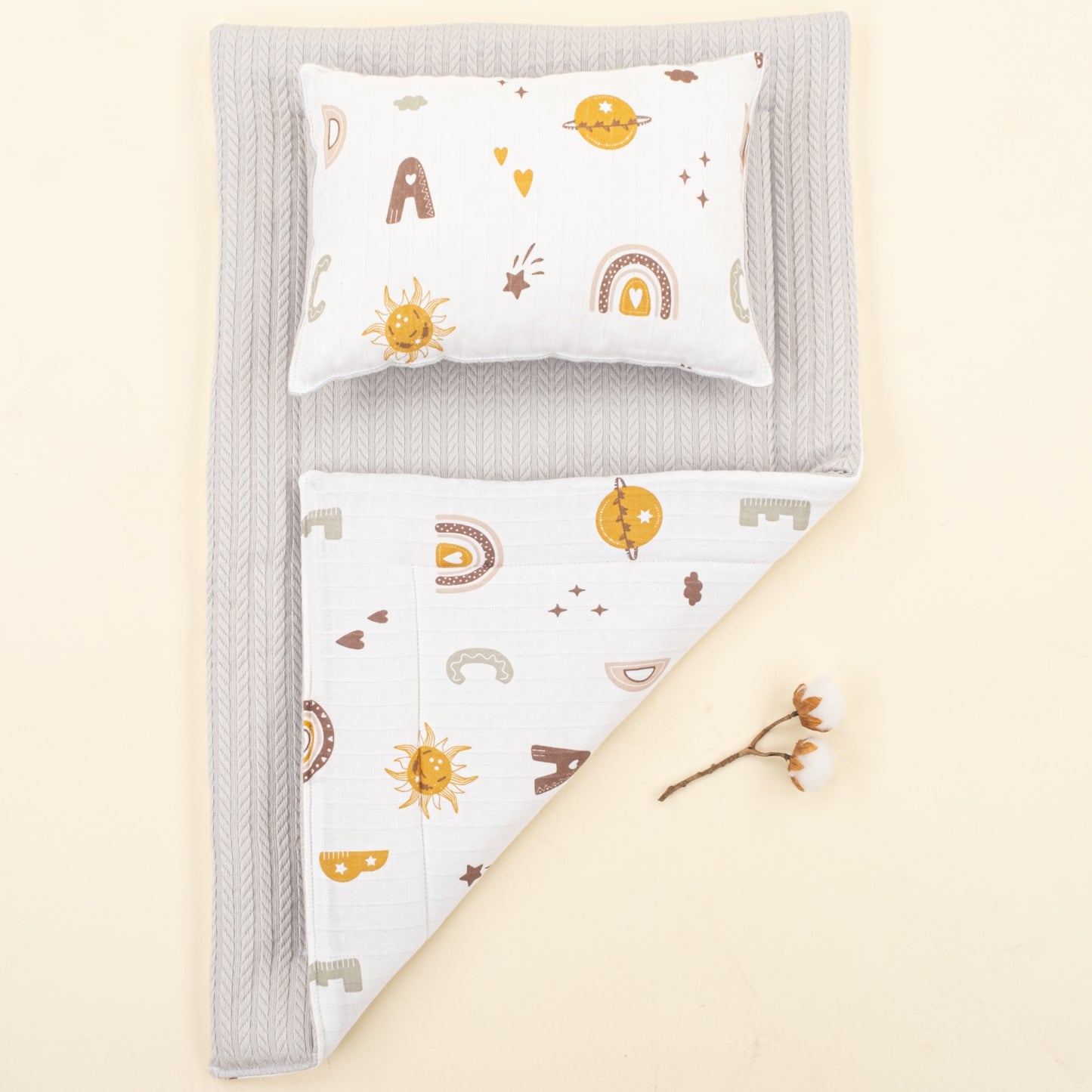 Double Sided Changing Pad and Pillow - Açık Gri Örgü - Galaksi ve Harfler