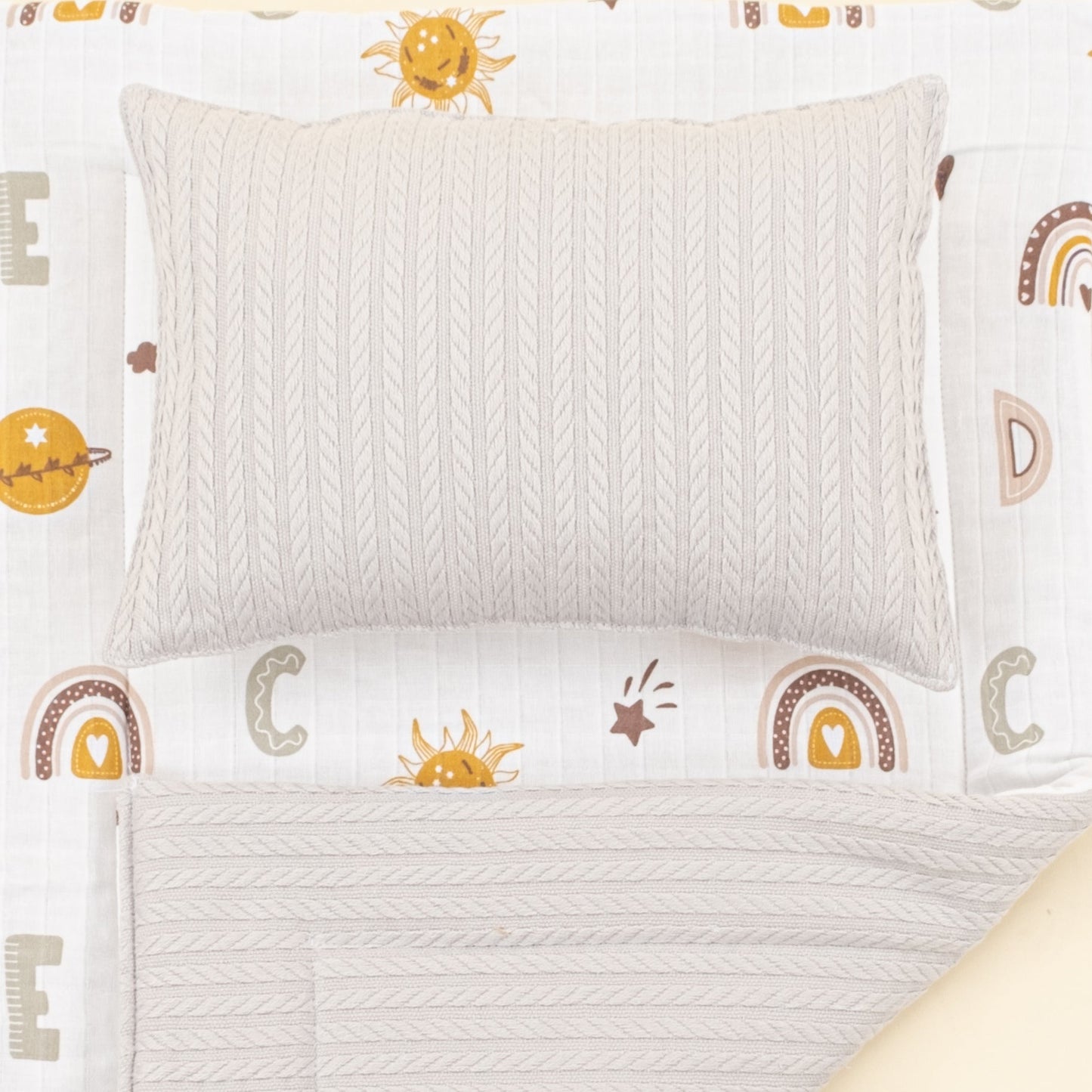 Double Sided Changing Pad and Pillow - Açık Gri Örgü - Galaksi ve Harfler