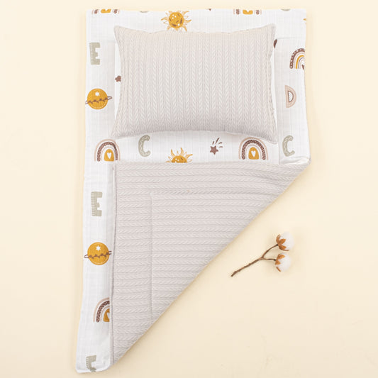 Double Sided Changing Pad and Pillow - Açık Gri Örgü - Galaksi ve Harfler