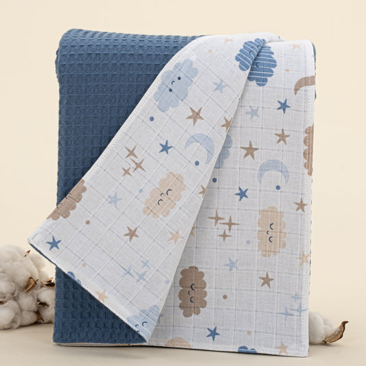 Double Sided Pique Blanket - Koyu İndigo Petek - Mavi Bulut