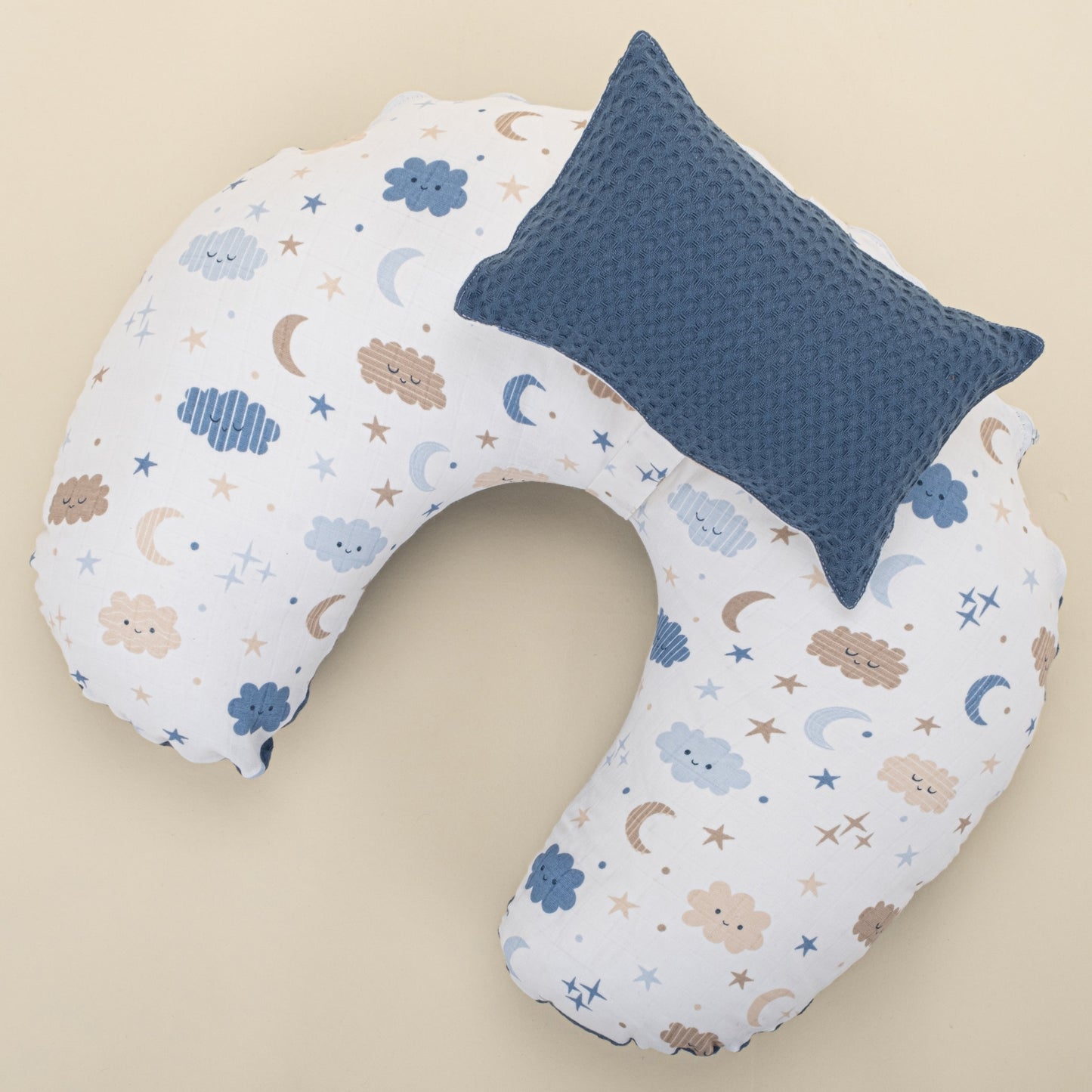 Double Sided Breastfeeding Pillow - Koyu İndigo Petek - Mavi Bulut