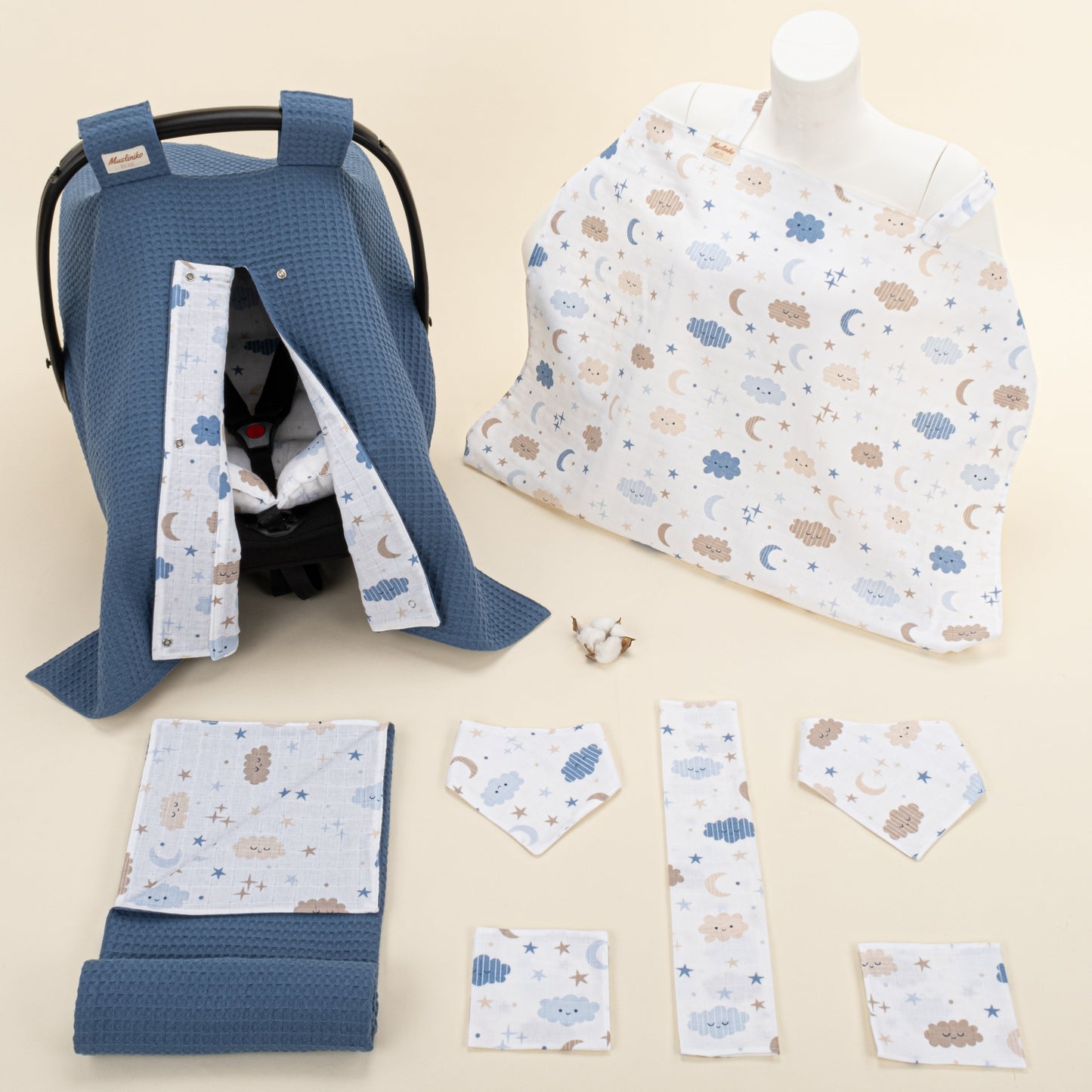 9 Piece - Newborn Sets - Double Sided - Winter - Koyu İndigo Petek - Mavi Bulut