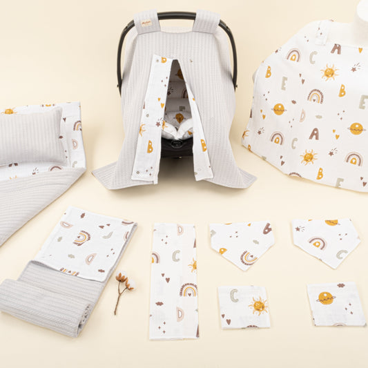 11 Piece - Newborn Sets - Double Sided - Winter - Açık Gri Örgü - Galaksi ve Harfler