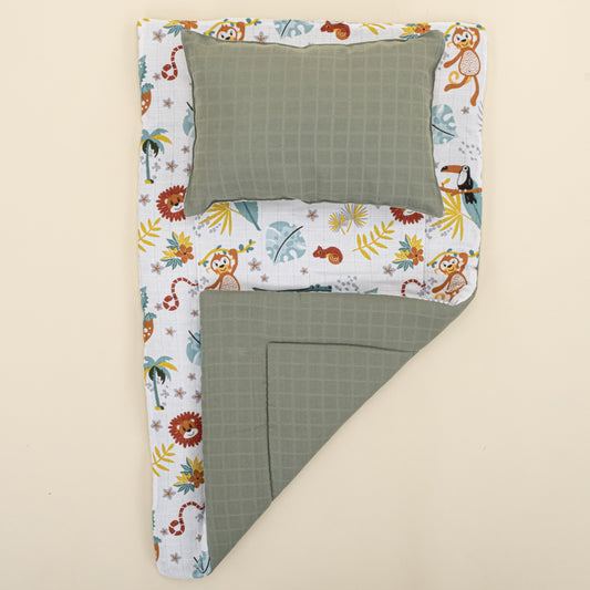 Double Sided Changing Pad and Pillow - Haki Muslin - Hayvanat Bahçesi