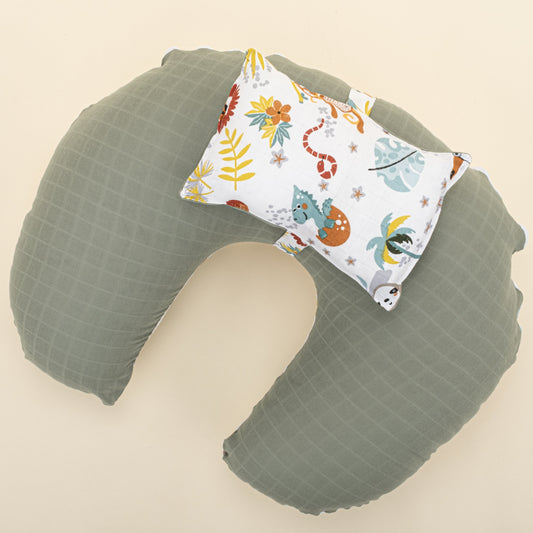 Double Sided Breastfeeding Pillow- Haki Muslin - Hayvanat Bahçesi