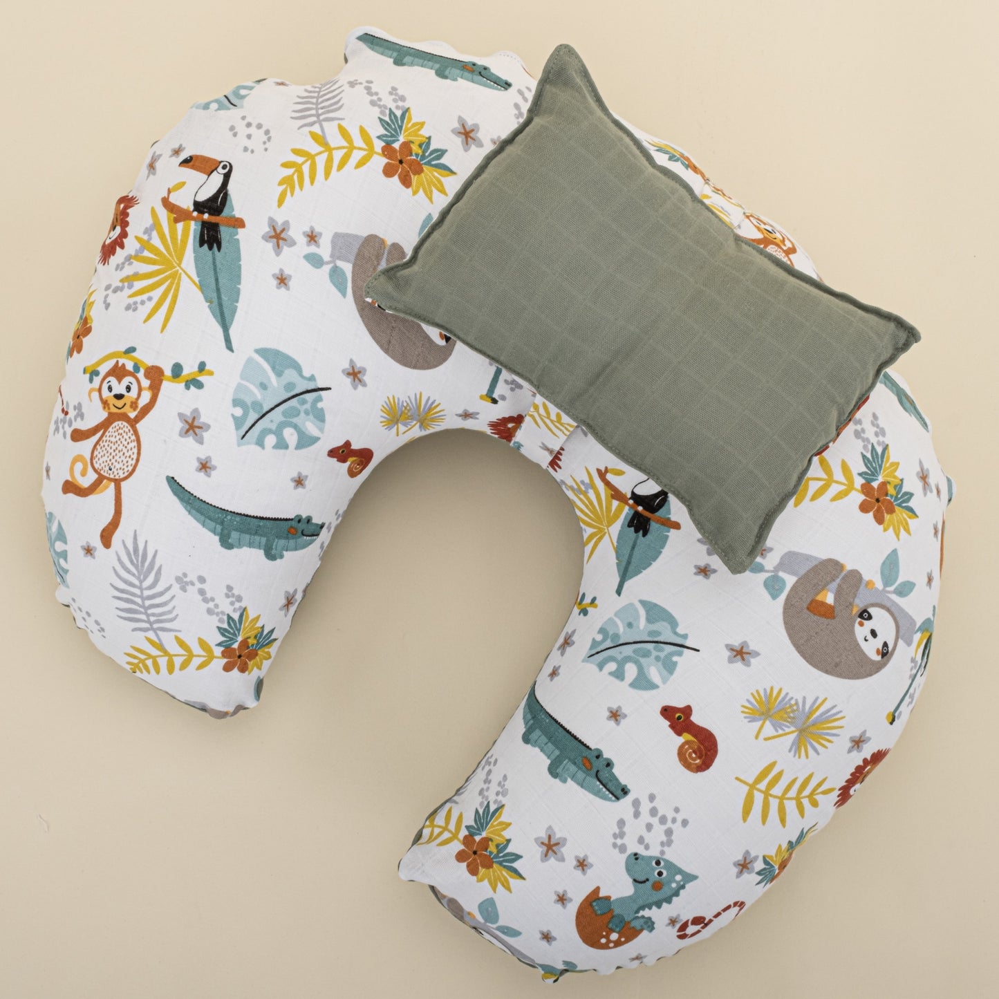 Double Sided Breastfeeding Pillow- Haki Muslin - Hayvanat Bahçesi