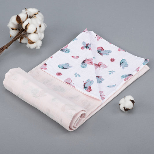 Double Side Muslin Cover - Açık Pudra Muslin - Kelebekler