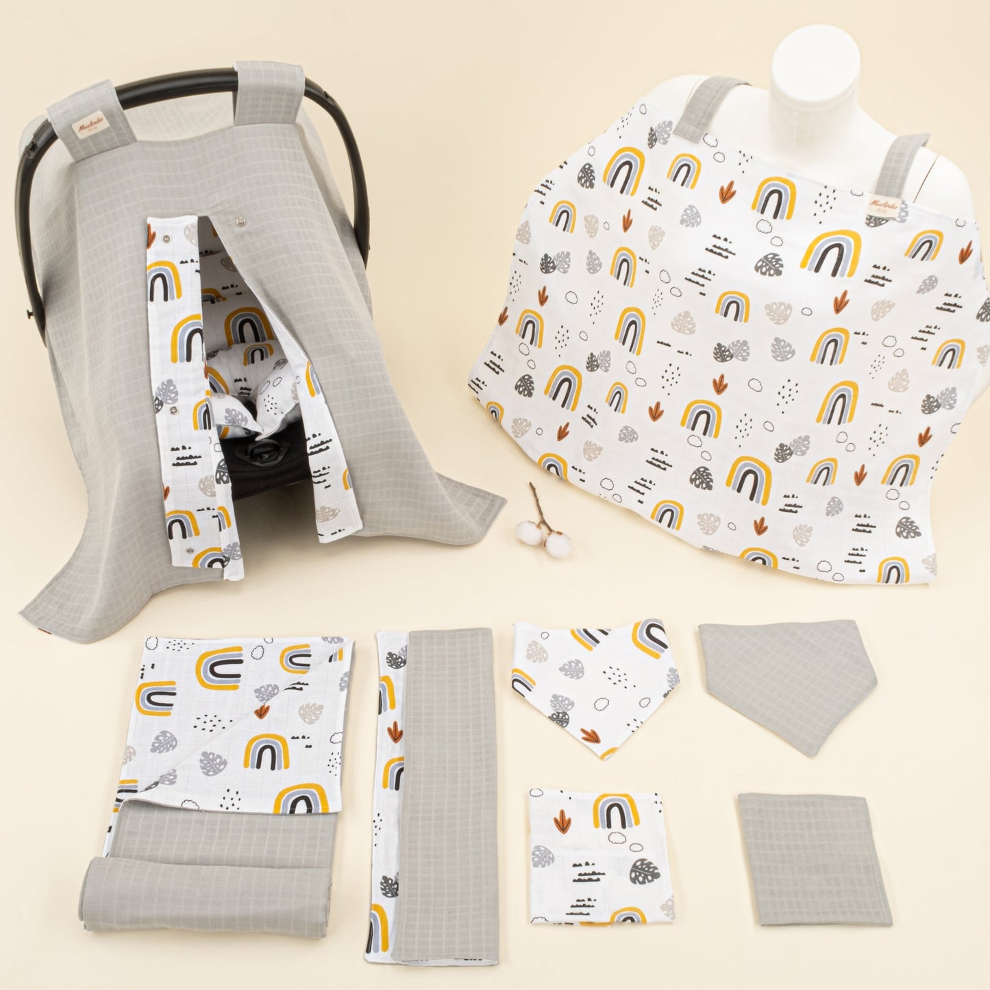 9 Piece - Newborn Sets - Double Sided - Seasonal - Açık Gri Muslin - Hardal Gökkuşağı