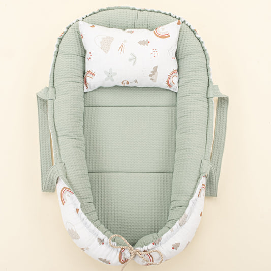 Babynest and Pillow - Çift Taraflı - Yeşil Petek - Kahverengi Gökkuşağı