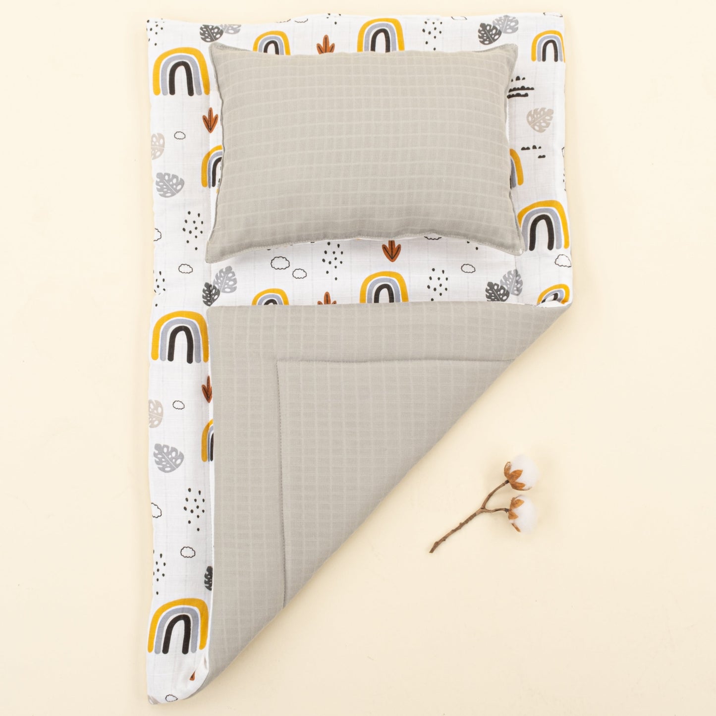 Double Sided Changing Pad and Pillow - Açık Gri Muslin - Hardal Gökkuşağı