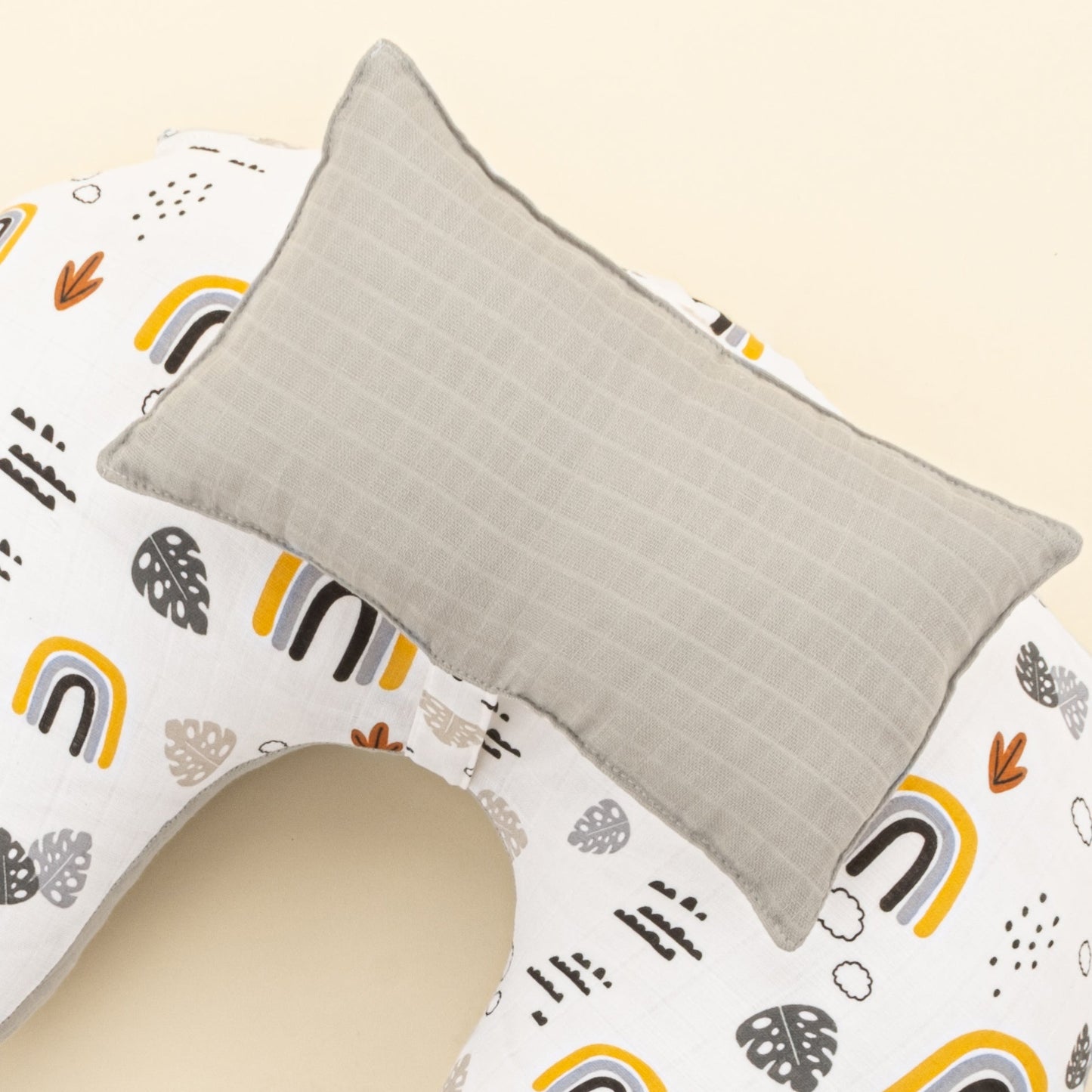 Double Sided Breastfeeding Pillow - Açık Gri Muslin - Hardal Gökkuşağı