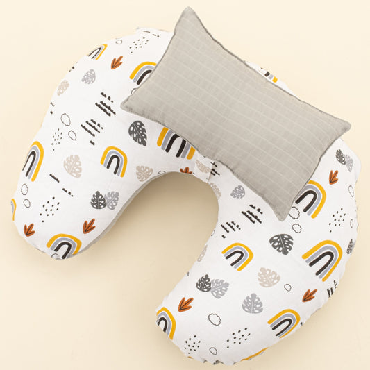 Double Sided Breastfeeding Pillow - Açık Gri Muslin - Hardal Gökkuşağı