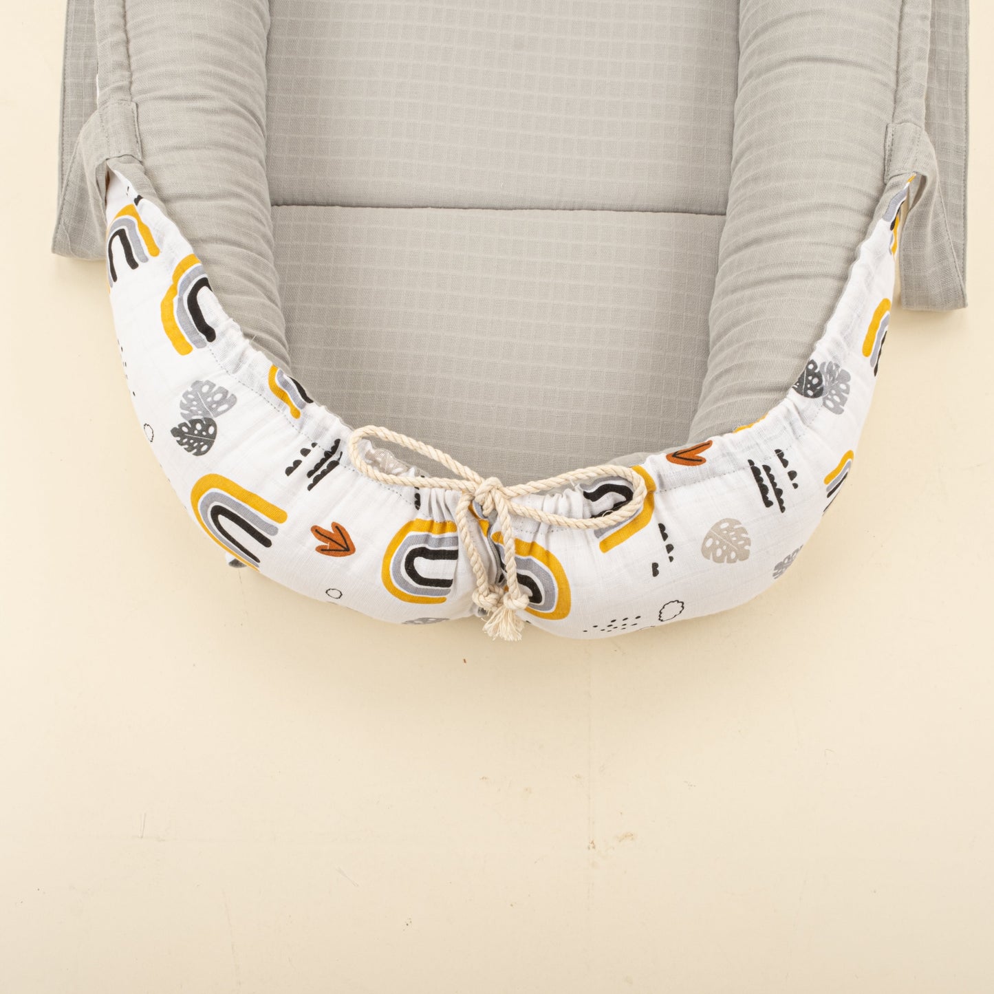 Babynest and Pillow - Çift Taraflı - Açık Gri Muslin - Hardal Gökkuşağı