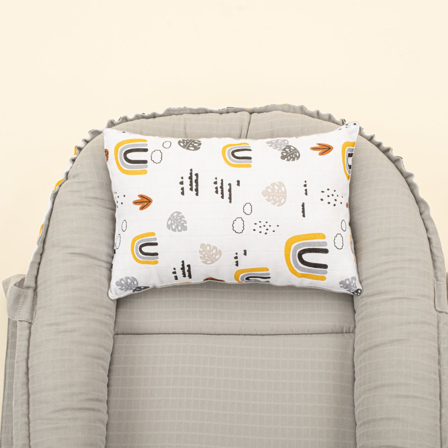 Babynest and Pillow - Çift Taraflı - Açık Gri Muslin - Hardal Gökkuşağı