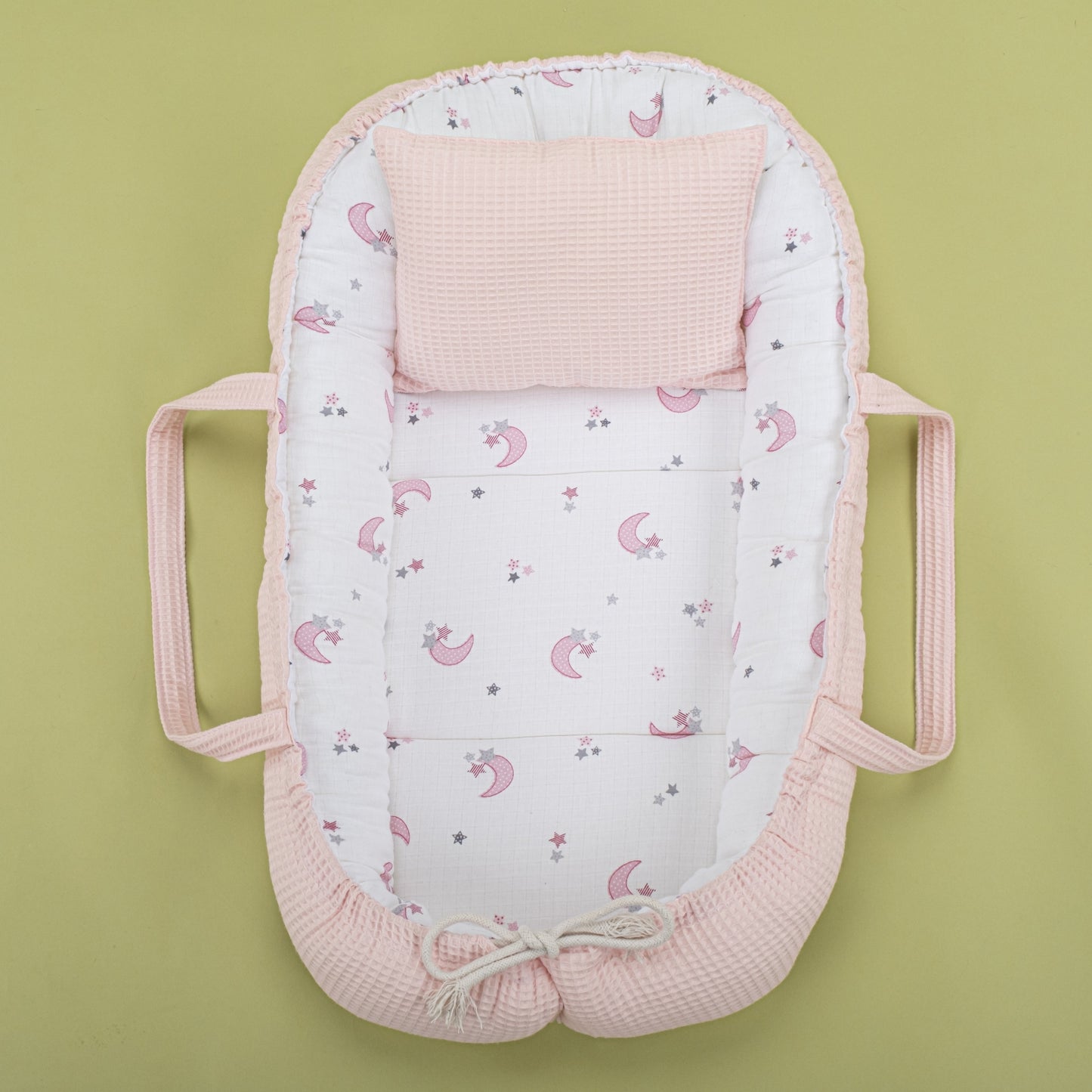 Babynest and Pillow - Çift Taraflı - Bebe Pembe Petek - Pembe Ay