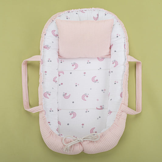 Babynest and Pillow - Çift Taraflı - Bebe Pembe Petek - Pembe Ay