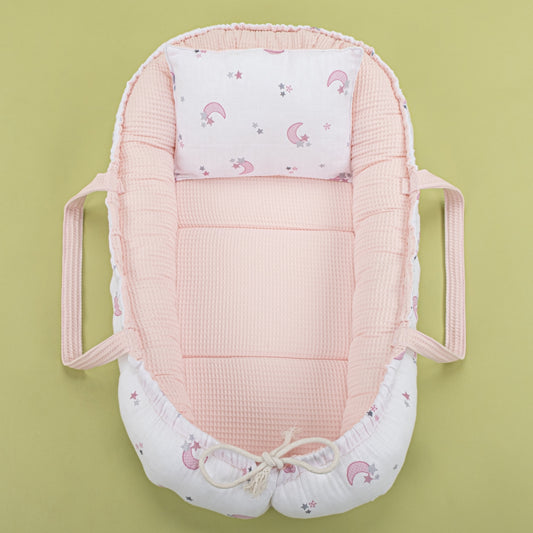 Babynest and Pillow - Çift Taraflı - Bebe Pembe Petek - Pembe Ay