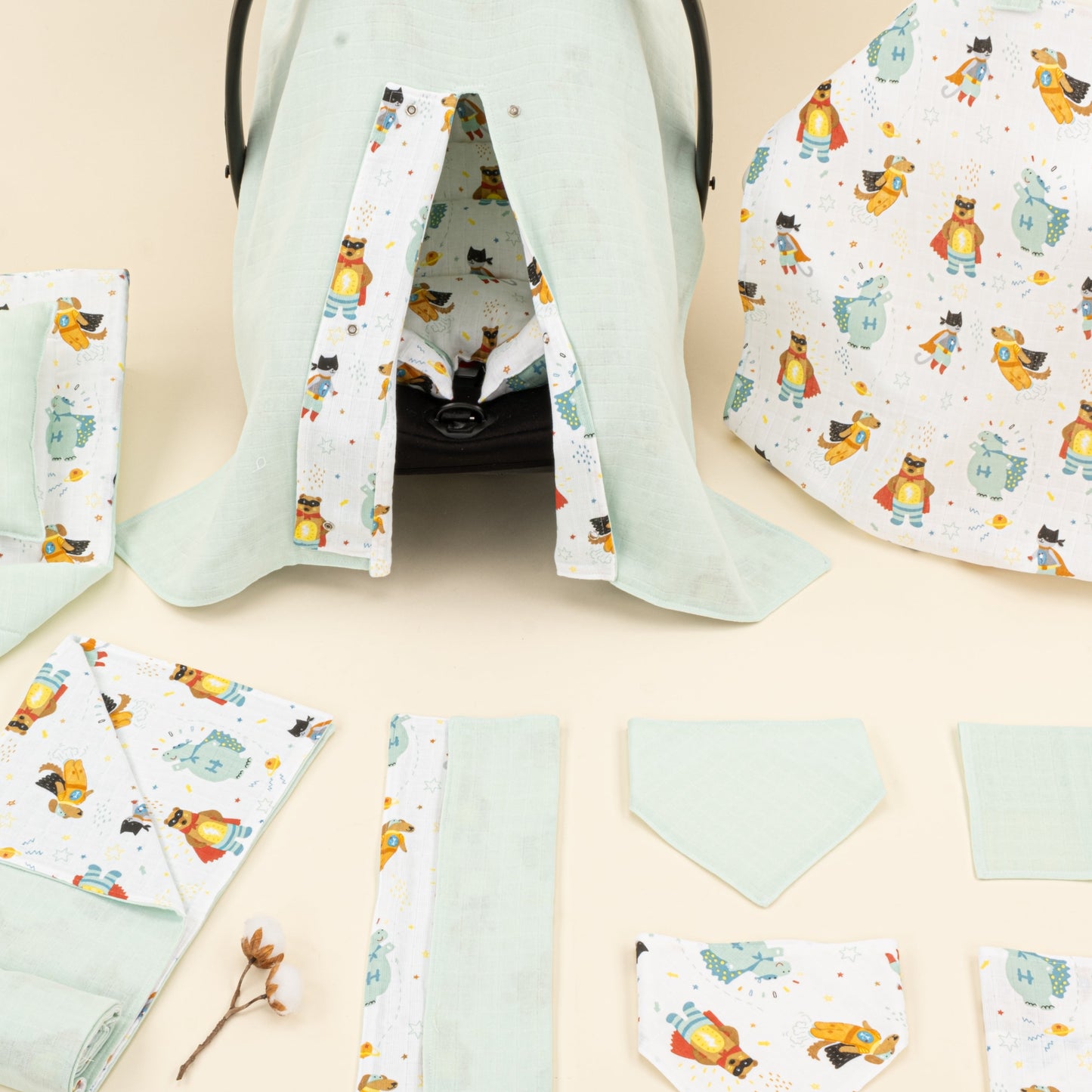 11 Piece - Newborn Sets - Double Sided - Seasonal - Su Yeşili Muslin - Süper Kahramanlar