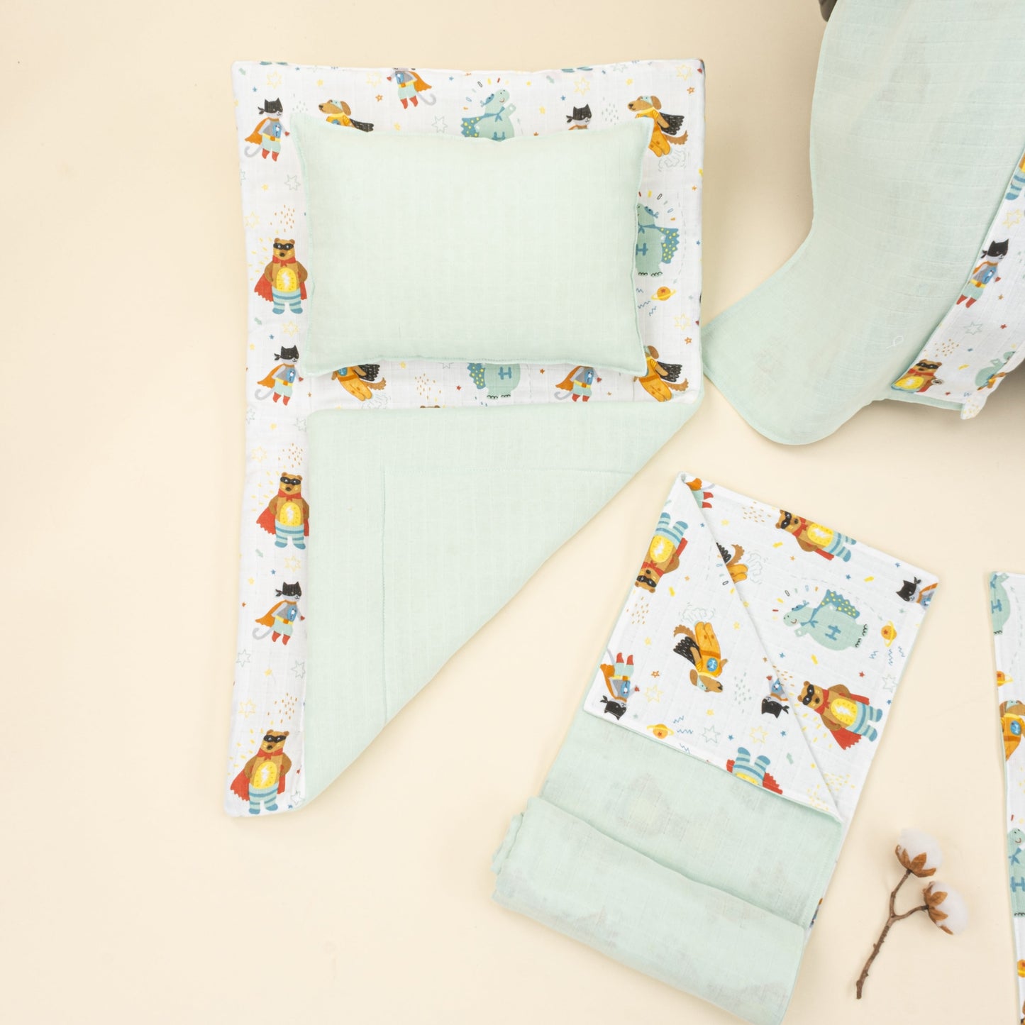 11 Piece - Newborn Sets - Double Sided - Seasonal - Su Yeşili Muslin - Süper Kahramanlar